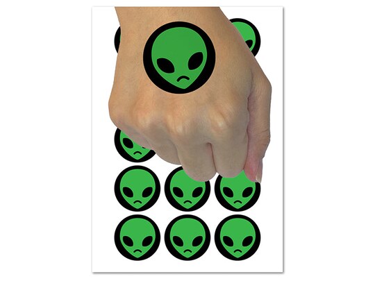 Sad Alien Emoticon Temporary Tattoo Water Resistant Fake Body Art Set Collection (1 Sheet)